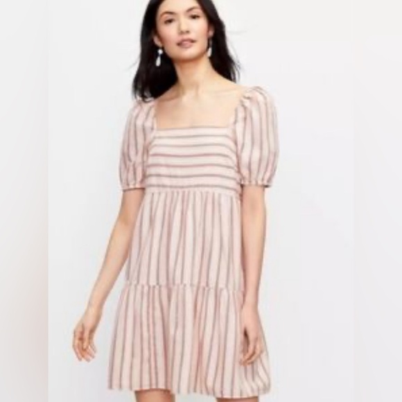 Women’s Loft Pink Striped Babydoll Dress Puff Sleeve Square Neck size 8 - Picture 1 of 9